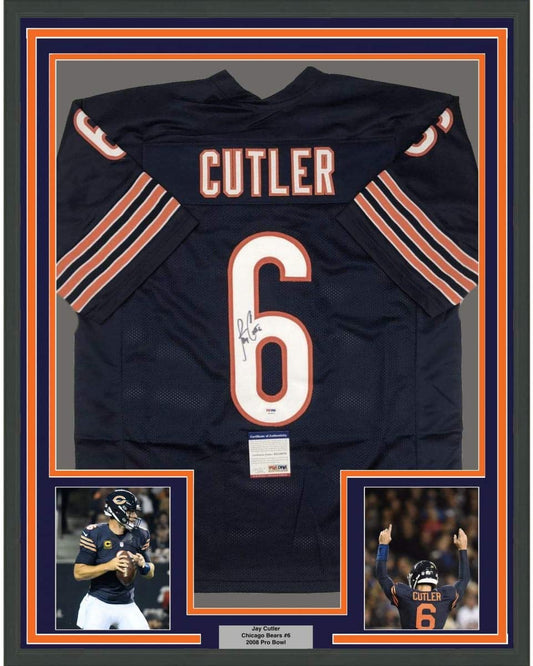 Framed Autographed/Signed Jay Cutler 35x39 Chicago Blue Football Jersey PSA/DNA COA