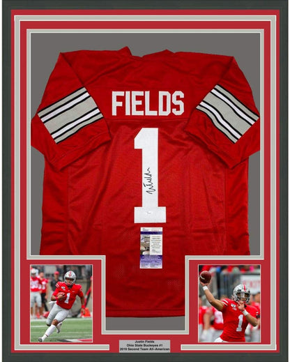 Framed Autographed/Signed Justin Fields 35x39 Ohio State Red College Football Jersey JSA COA
