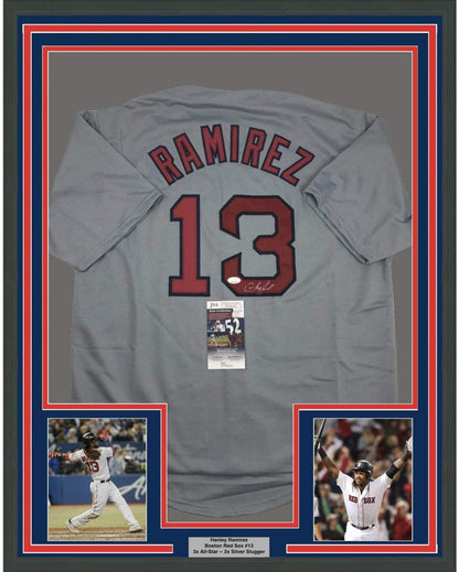 Framed Autographed/Signed Hanley Ramirez 35x39 Boston Grey Baseball Jersey JSA COA