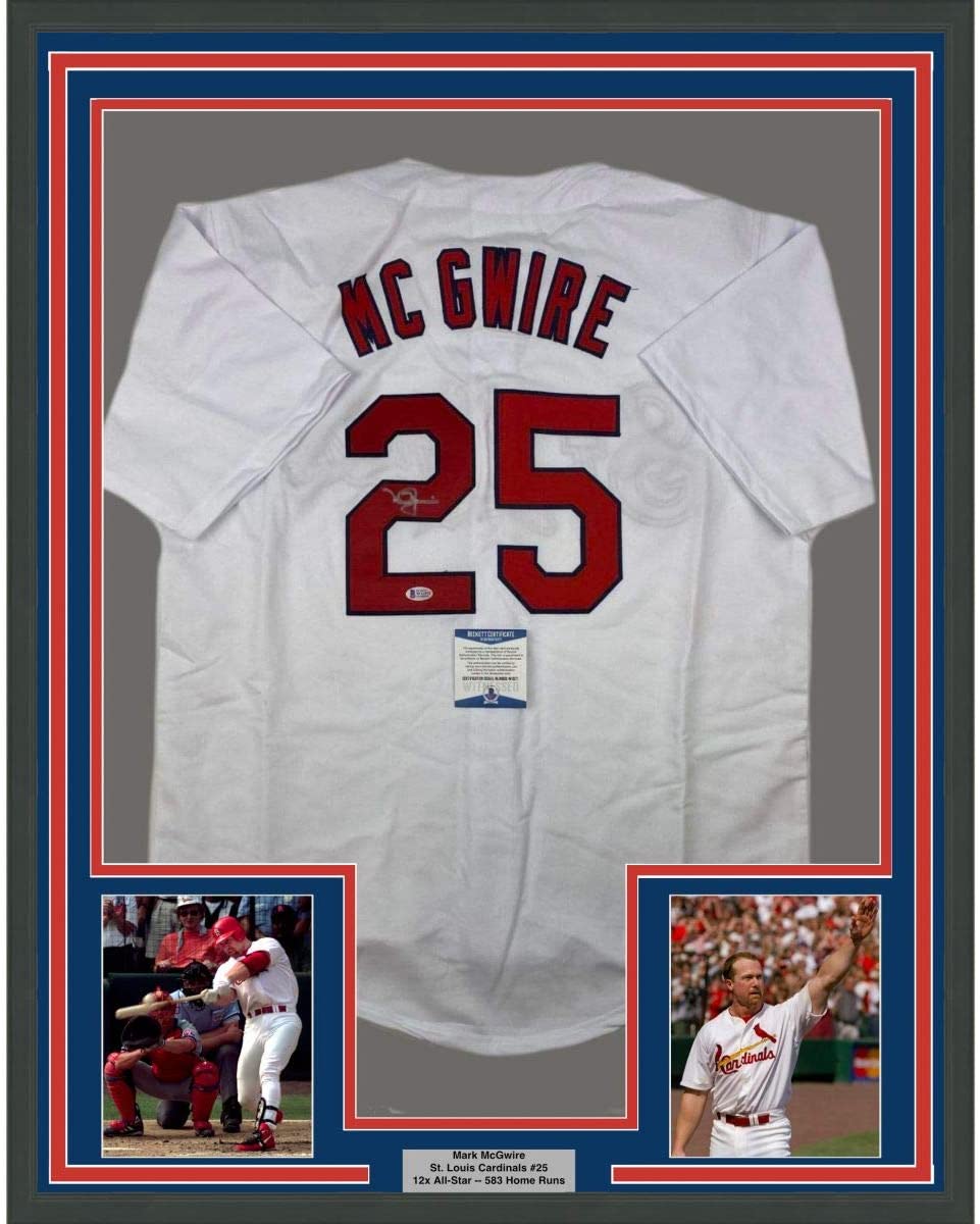 Framed Autographed/Signed Mark McGwire 35x39 St. Louis White Baseball Jersey JSA COA