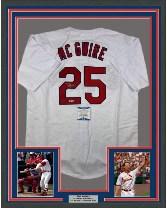 Framed Autographed/Signed Mark McGwire 35x39 St. Louis White Baseball Jersey JSA COA