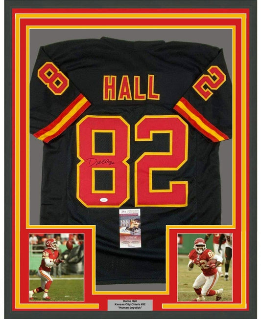 Framed Autographed/Signed Dante Hall 35x39 Kansas City Black Football Jersey JSA COA
