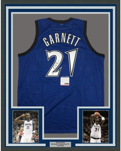 Framed Autographed/Signed Kevin Garnett 35x39 Minnesota Blue Basketball Jersey PSA/DNA COA