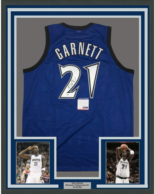 Framed Autographed/Signed Kevin Garnett 35x39 Minnesota Blue Basketball Jersey PSA/DNA COA