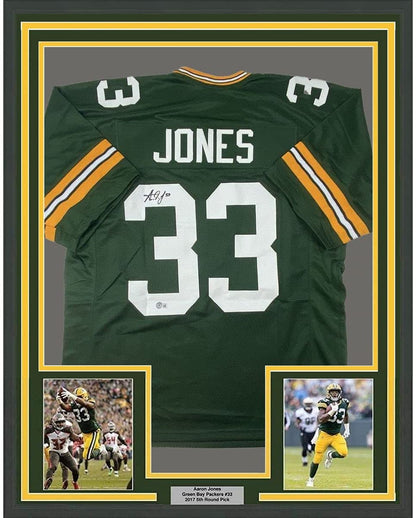 Framed Autographed/Signed Aaron Jones 35x39 Green Bay Green Football Jersey Beckett BAS COA