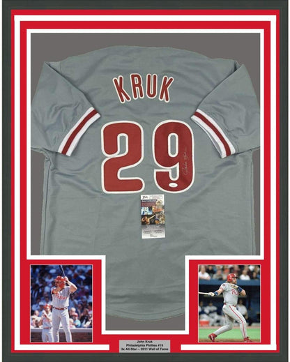 Framed Autographed/Signed John Kruk 35x39 Philadelphia Grey Baseball Jersey JSA COA