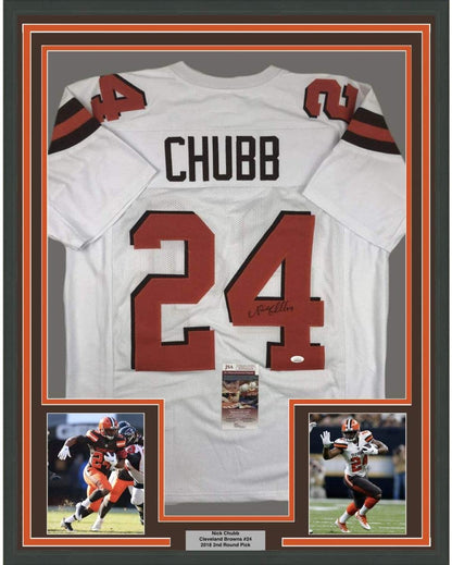 Framed Autographed/Signed Nick Chubb 35x39 Cleveland White Football Jersey JSA COA