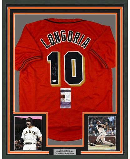 Framed Autographed/Signed Evan Longoria 35x39 San Francisco Orange Baseball Jersey JSA COA