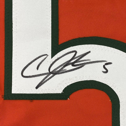 Framed Autographed/Signed Andre Johnson Miami Orange 35x39 College Football Jersey JSA COA