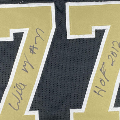 Framed Autographed/Signed Willie Roaf 35x39 New Orleans Black Football Jersey JSA COA