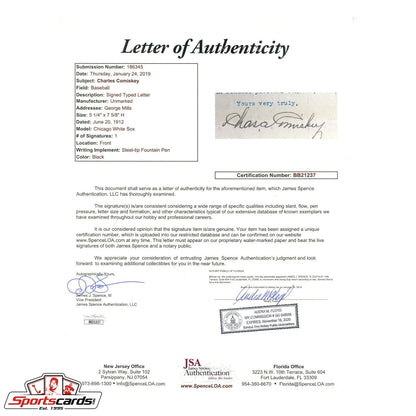 Charles Comiskey (d.1931) Signed Autographed Typed Letter JSA LOA