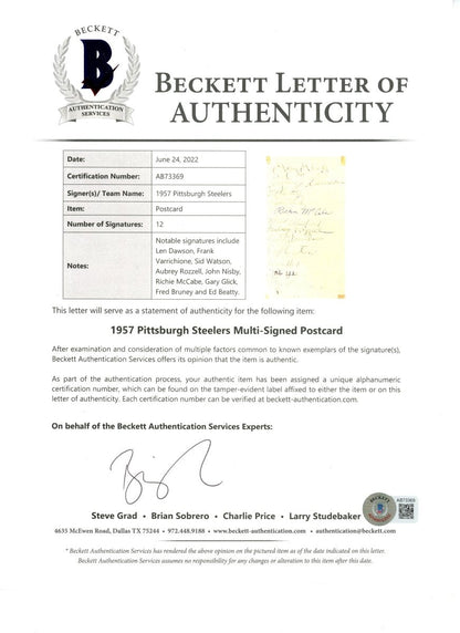 1957 Pittsburgh Steelers Team Signed GPC w/ Len Dawson Rookie Signature BAS LOA