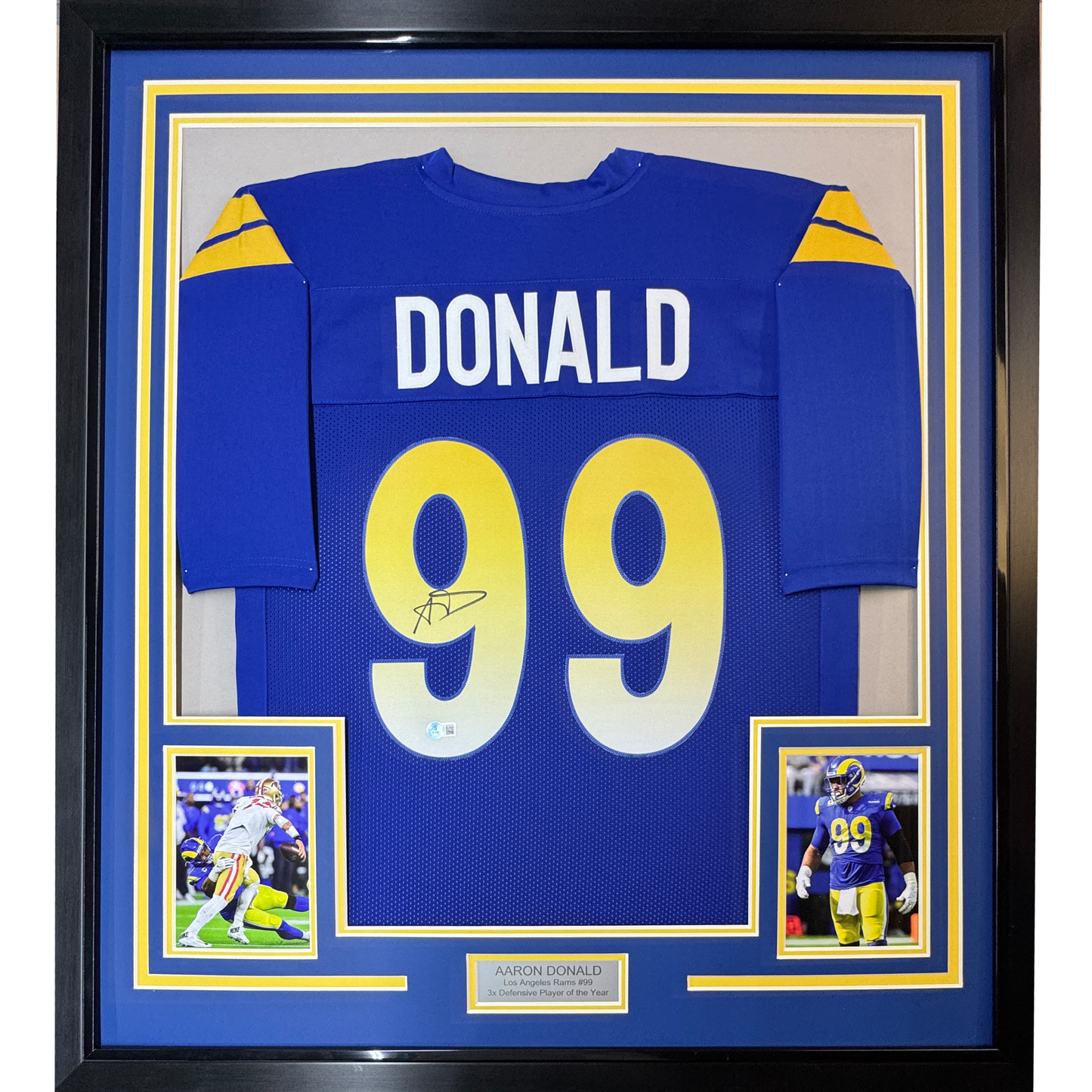 Framed Autographed/Signed Aaron Donald 35x39 Los Angeles LA Royal Blue Football Jersey JSA COA