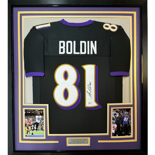 Framed Autographed/Signed Anquan Boldin 35x39 Baltimore Black Football Jersey Beckett BAS COA