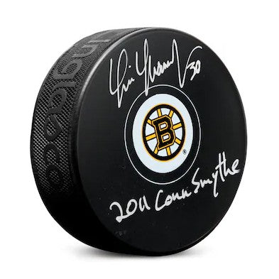 Tim Thomas Boston Bruins Autographed Logo Puck Inscribed 2011 Conn Smythe
