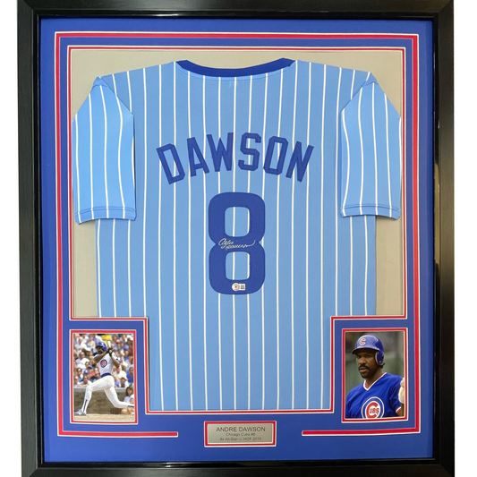 Framed Autographed/Signed Andre Dawson 35x39 Chicago Pinstripe Blue Baseball Jersey JSA COA