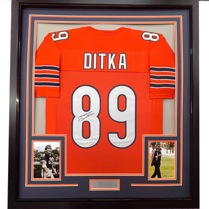 Framed Autographed/Signed Mike Ditka 35x39 Chicago Orange Football Jersey JSA COA