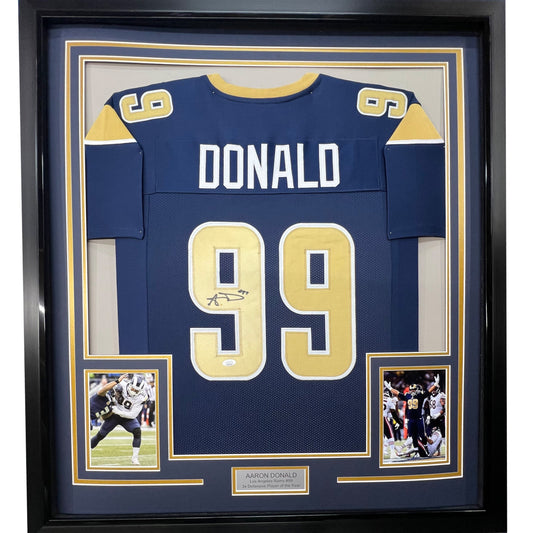 Framed Autographed/Signed Aaron Donald 35x39 Los Angeles LA Dark Blue Football Jersey JSA COA