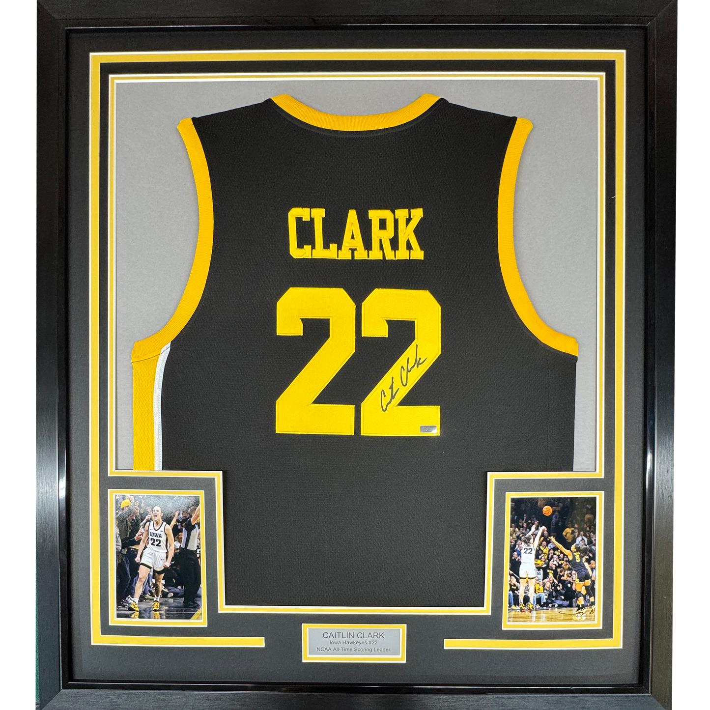 Framed Autographed/Signed Caitlin Clark 35x39 Iowa Black Basketball Jersey Panini COA