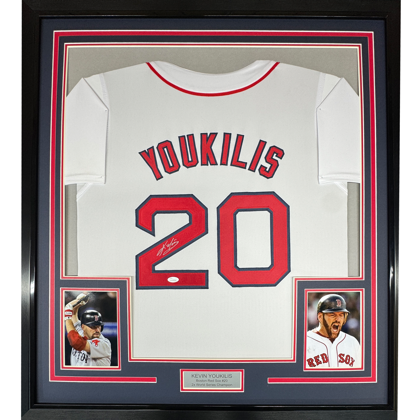 Framed Autographed/Signed Kevin Youkilis 35x39 Boston White Baseball Jersey JSA COA