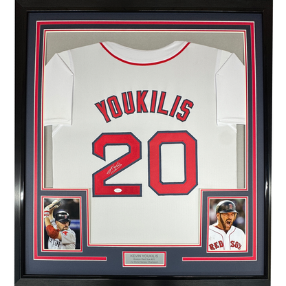Framed Autographed/Signed Kevin Youkilis 35x39 Boston White Baseball Jersey JSA COA