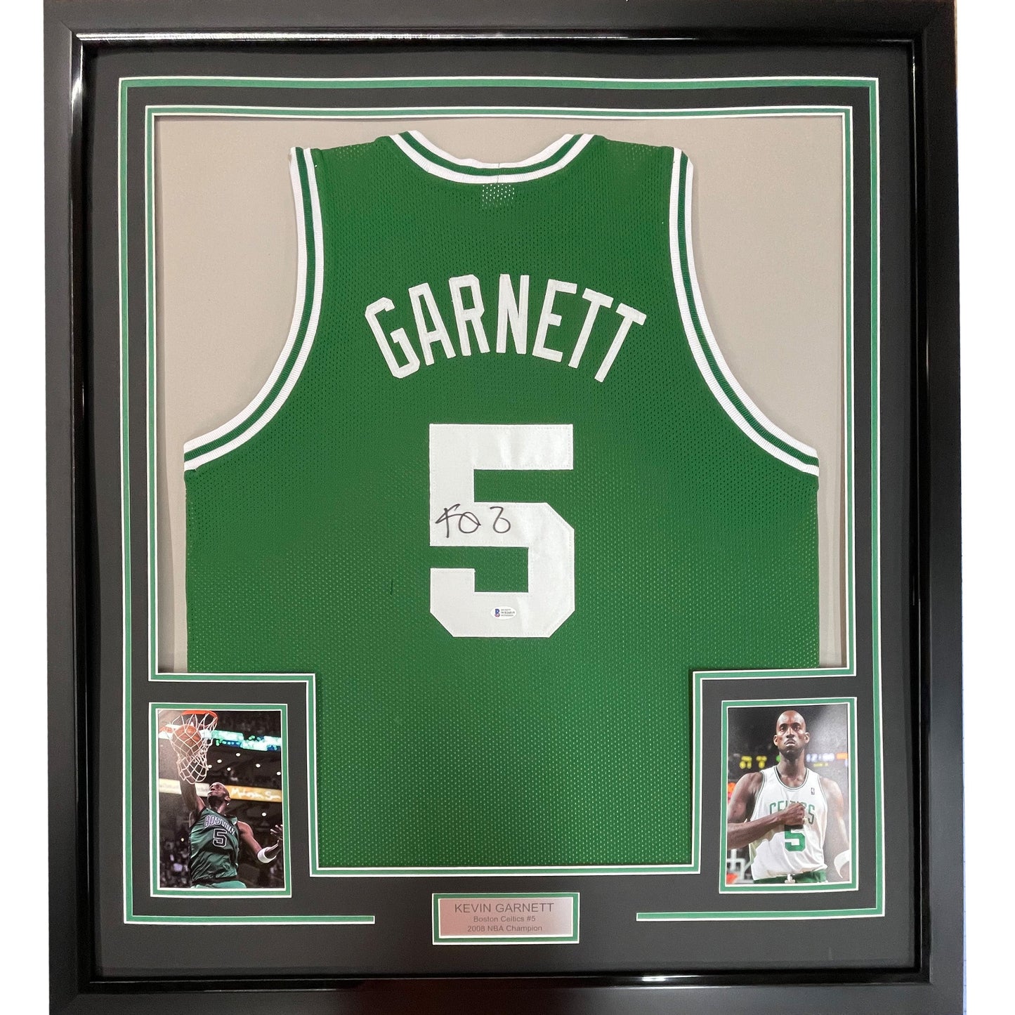 Framed Autographed/Signed Kevin Garnett 35x39 Boston Green Basketball Jersey Beckett BAS COA