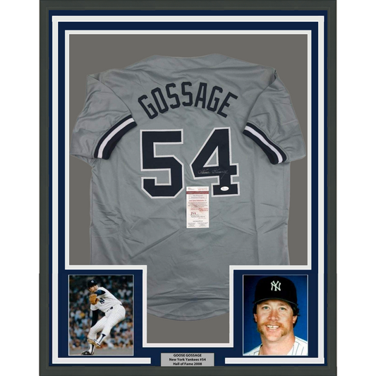 Framed Autographed/Signed Goose Gossage 35x39 New York Grey Baseball Jersey JSA COA