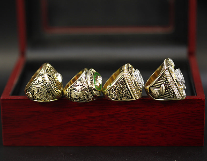 Green Bay Football Championship Rings Set (4 PCS) – Collector’s Memorabilia with Wooden Display Box