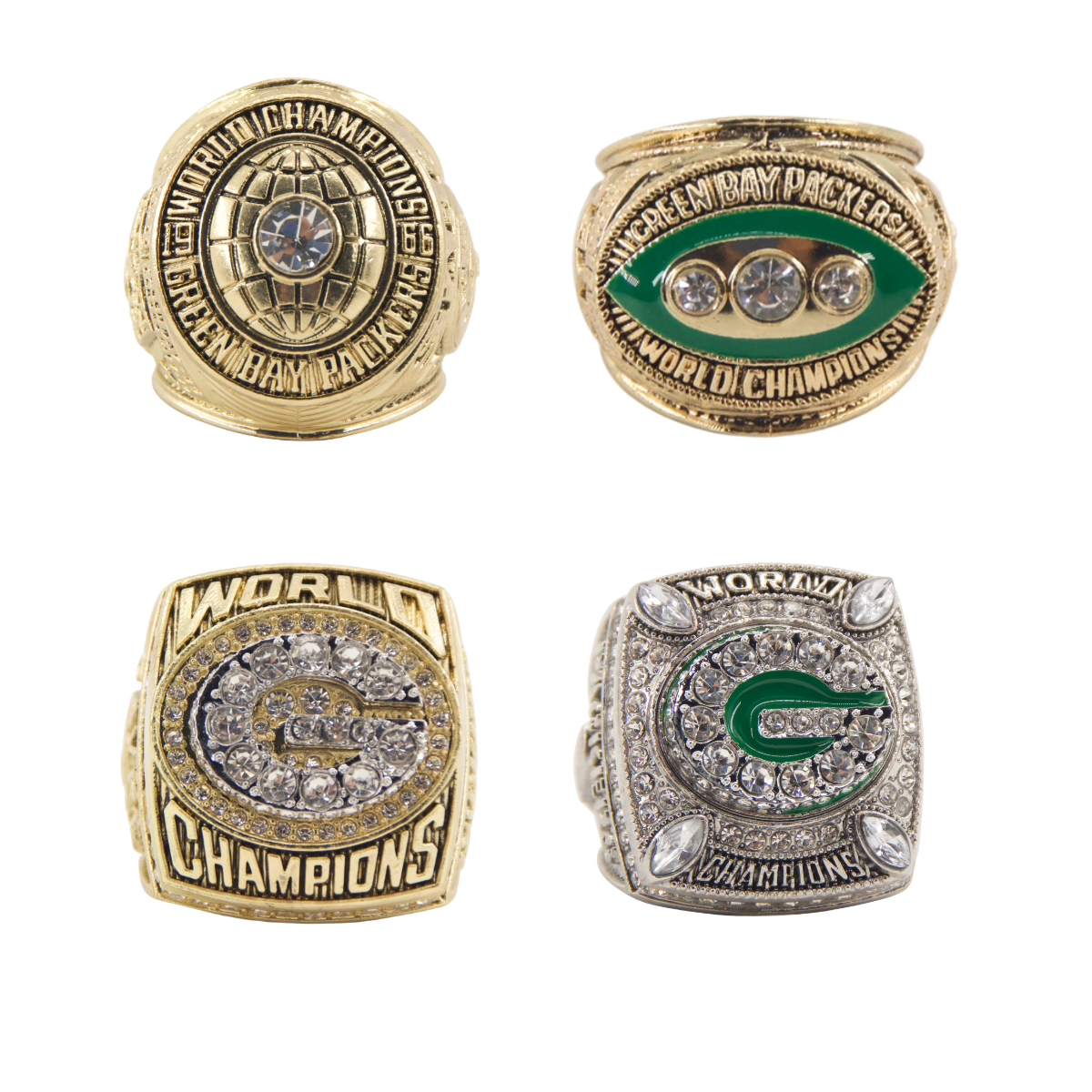 Green Bay Football Championship Rings Set (4 PCS) – Collector’s Memorabilia with Wooden Display Box
