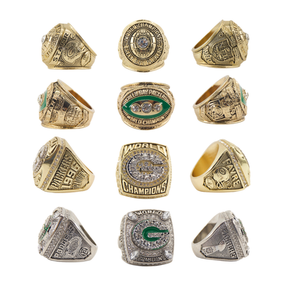 Green Bay Football Championship Rings Set (4 PCS) – Collector’s Memorabilia with Wooden Display Box