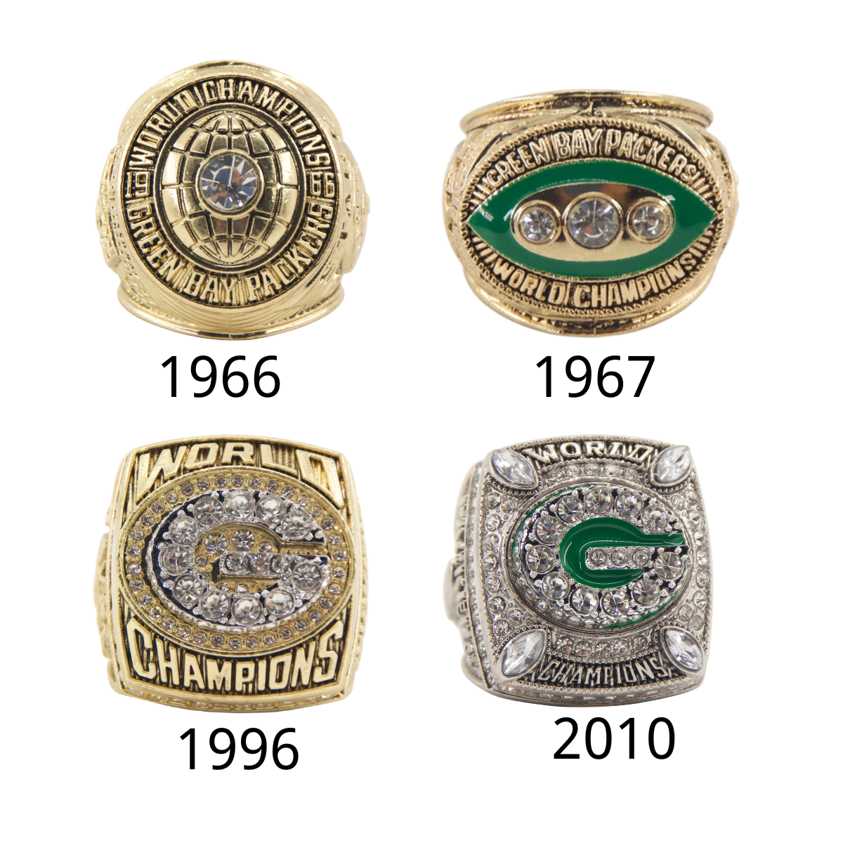 Green Bay Football Championship Rings Set (4 PCS) – Collector’s Memorabilia with Wooden Display Box