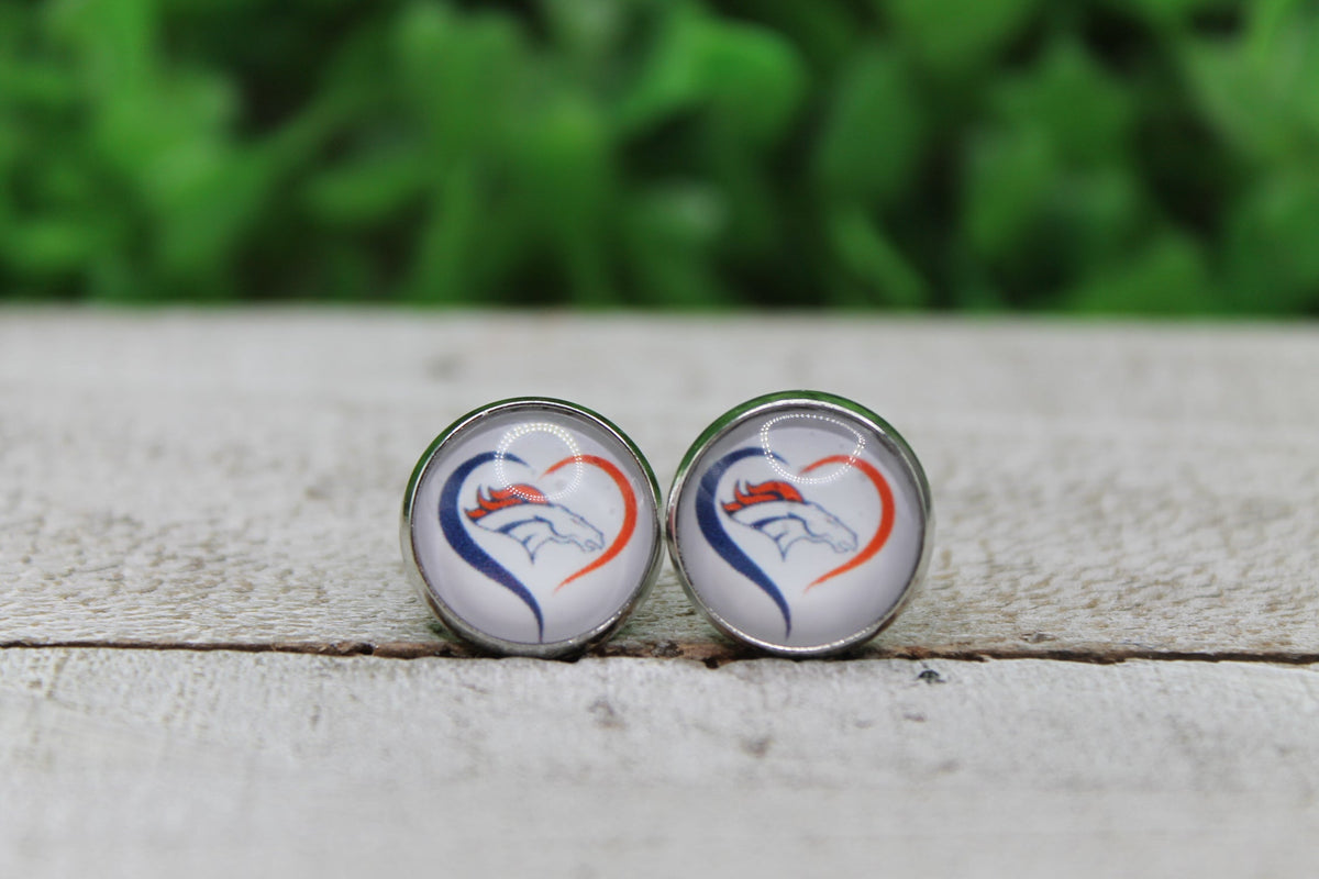 Broncos Football Heart Glass Stud Earrings