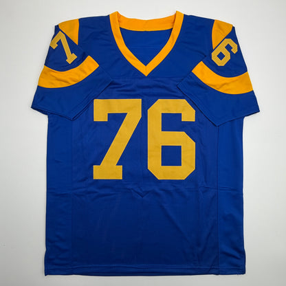Autographed/Signed Orlando Pace St. Louis Retro Blue Football Jersey JSA COA