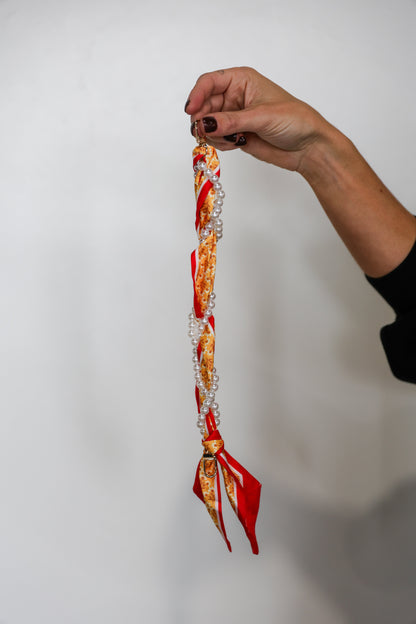 Woven Scarf Pearl Phone Strap/Wristlet - Red & Gold