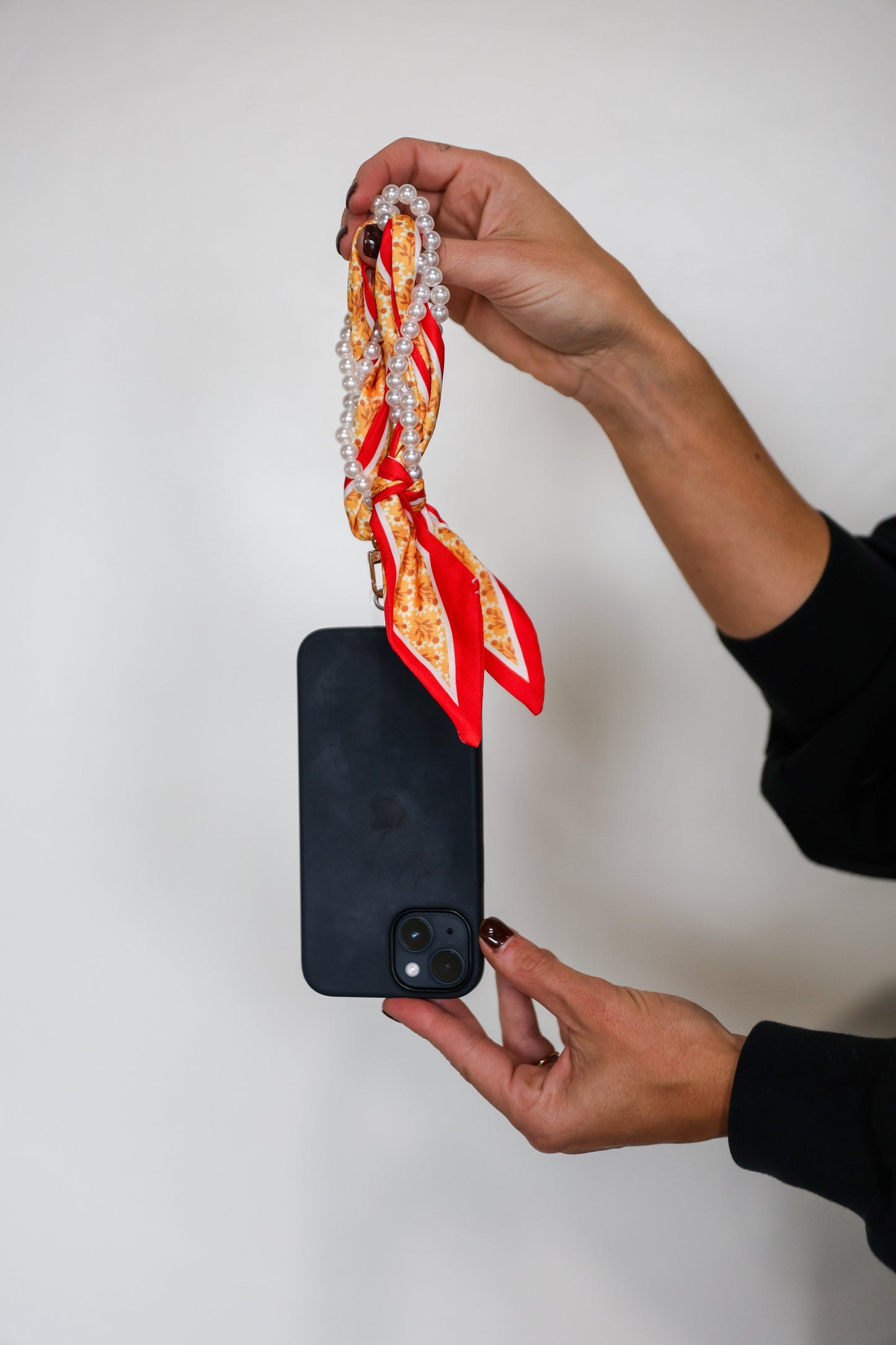 Woven Scarf Pearl Phone Strap/Wristlet - Red & Gold