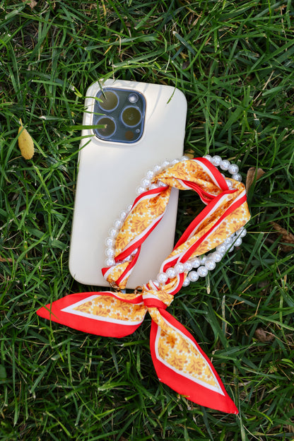 Woven Scarf Pearl Phone Strap/Wristlet - Red & Gold