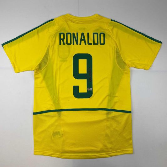 Autographed/Signed Ronaldo Nazario Brazil Yellow Soccer Jersey Beckett BAS COA