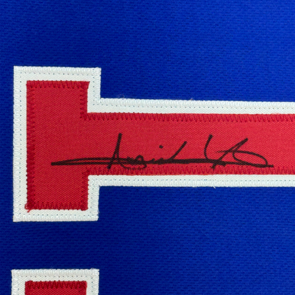 Framed Autographed/Signed Isiah Thomas 35x39 Detroit Blue Basketball Jersey Beckett BAS COA