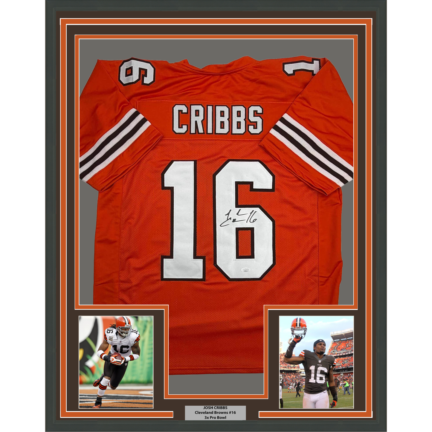 Framed Autographed/Signed Josh Cribbs 35x39 Cleveland Football Orange Jersey JSA COA