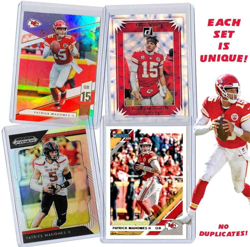 Patrick Mahomes Football Card Bundle, Set of 4 Assorted Kansas City Chiefs and Texas Tech Red Raiders Mint Football Cards Gift Set of MVP Quarterback Patrick Mahomes, Protected by Sleeve and Toploader