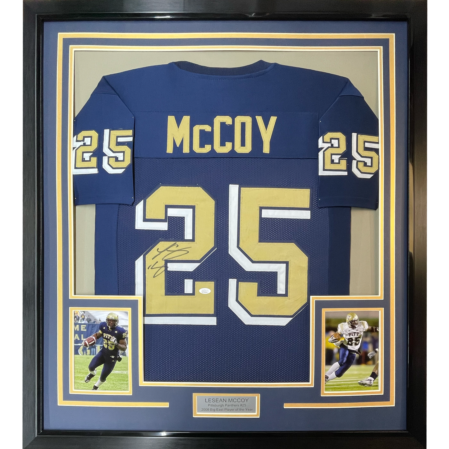 Framed Autographed/Signed LeSean McCoy 35x39 Pittsburgh Blue College Football Jersey JSA COA