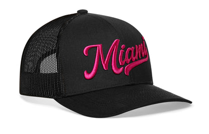 Miami Hot Pink Script Trucker Hat  |  Florida Snapback