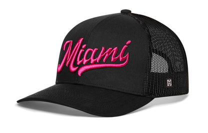 Miami Hot Pink Script Trucker Hat  |  Florida Snapback