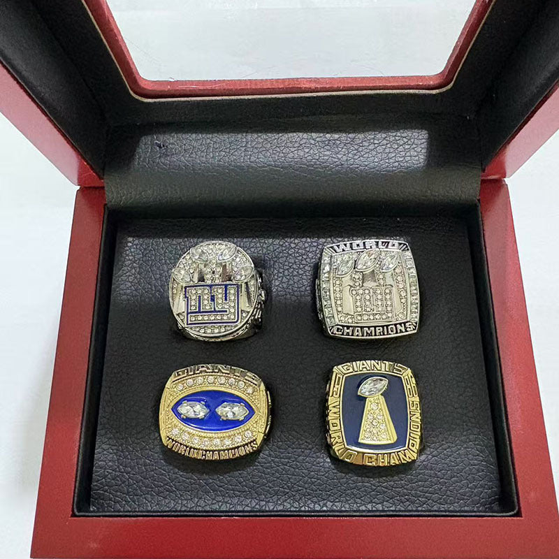 New York Football Championship Rings Set (4PCS) – Limited Edition Commemorative Collectible with Wooden Box