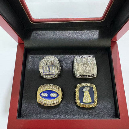 New York Football Championship Rings Set (4PCS) – Limited Edition Commemorative Collectible with Wooden Box