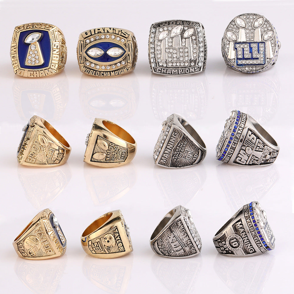 New York Football Championship Rings Set (4PCS) – Limited Edition Commemorative Collectible with Wooden Box
