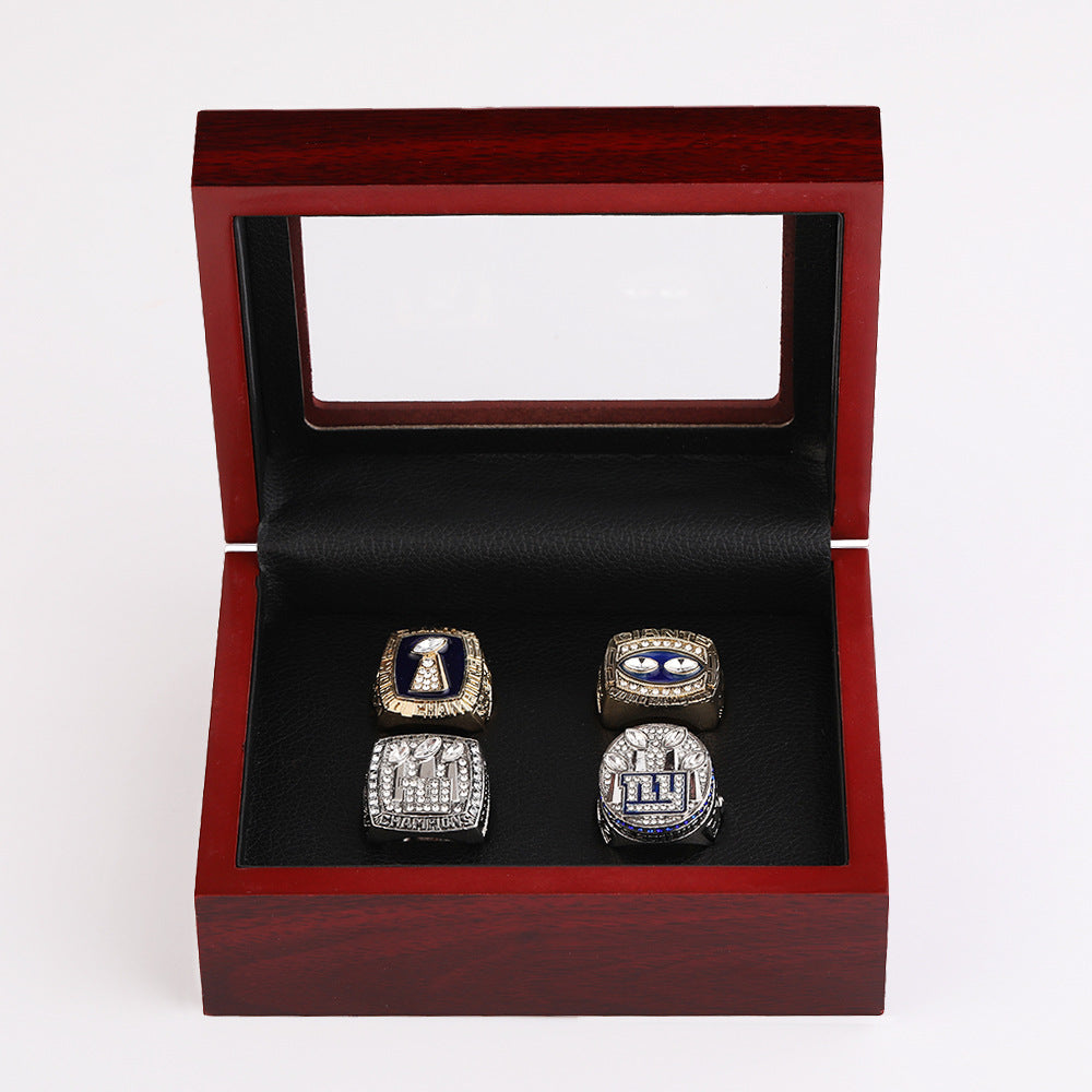 New York Football Championship Rings Set (4PCS) – Limited Edition Commemorative Collectible with Wooden Box