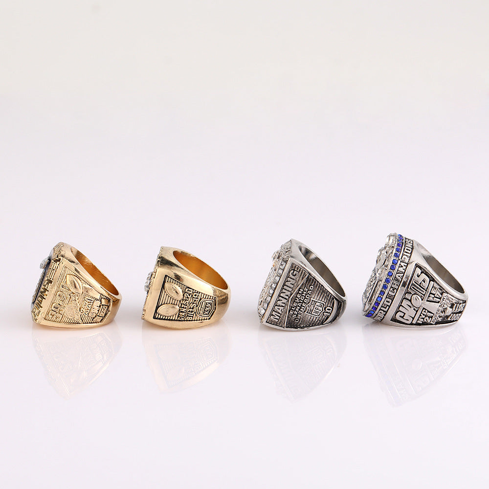 New York Football Championship Rings Set (4PCS) – Limited Edition Commemorative Collectible with Wooden Box