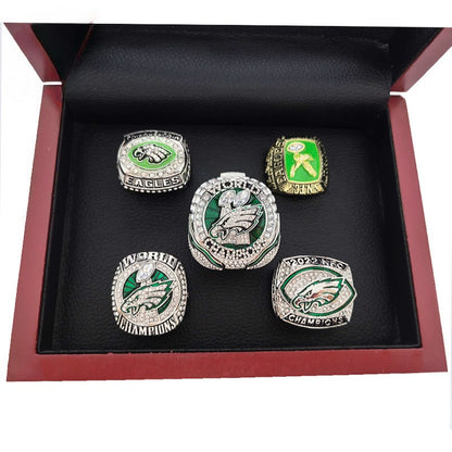 5-Piece Philadelphia Replica Championship Rings Set -  Collectible with Wooden Gift Box