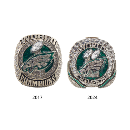 Philadelphia Football Championship Rings Set (2 Rings) – Limited Edition Collectible with Wooden Box